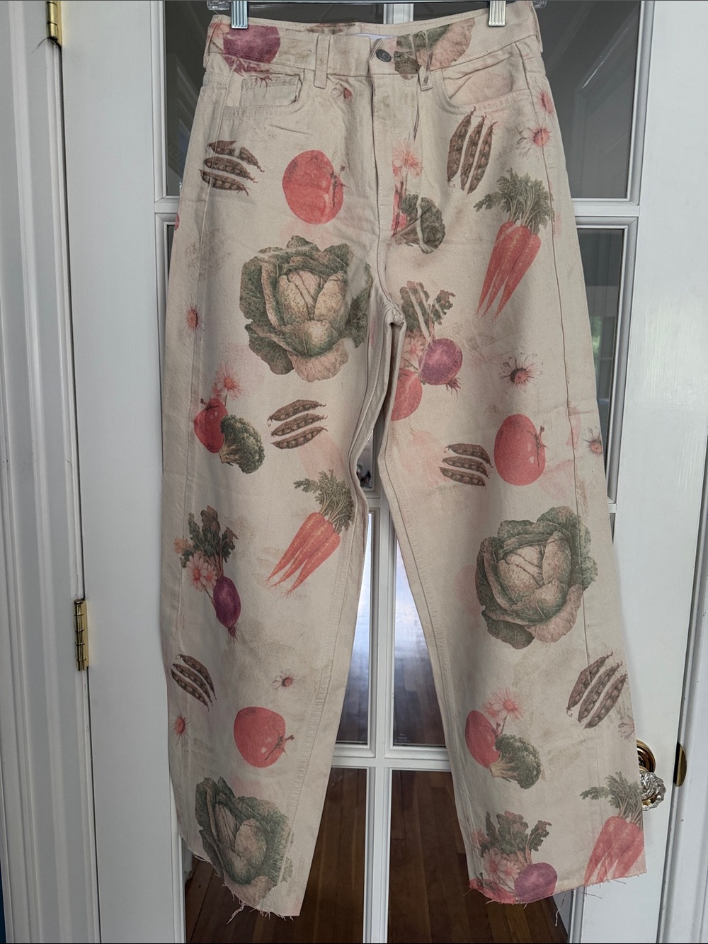 Zara Cream Wide-Leg Jeans with Vegetable Print